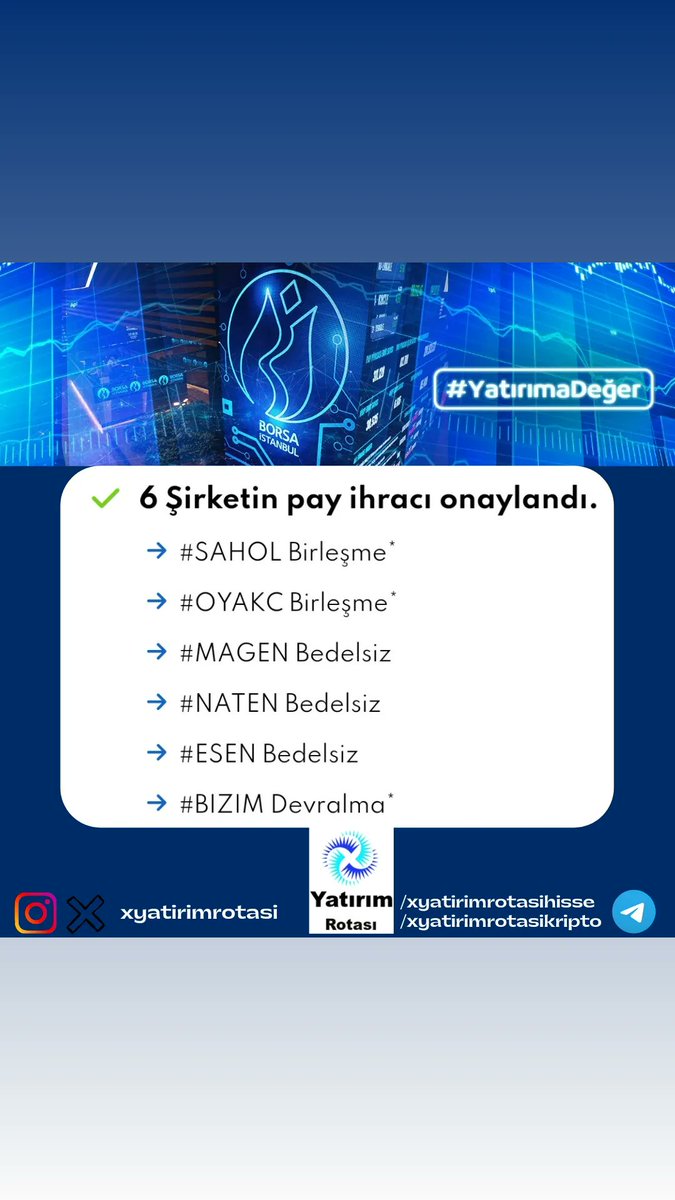 xyatirimrotasi's tweet photo. 6 Şirketin pay ihracı onaylandı.
→ #SAHOL Birleşme
→ #OYAKC Birleşme"
→ #MAGEN Bedelsiz
→ #NATEN Bedelsiz
→ #ESEN Bedelsiz
→ #BIZIM Devralma
#Bist100 #Xu100 #borsa #borsaistanbul #hissesenedi #bedelsizsermayeartırımı #bedelsiz #birleşme #devralma https://t.co/oi1WUaRcl6