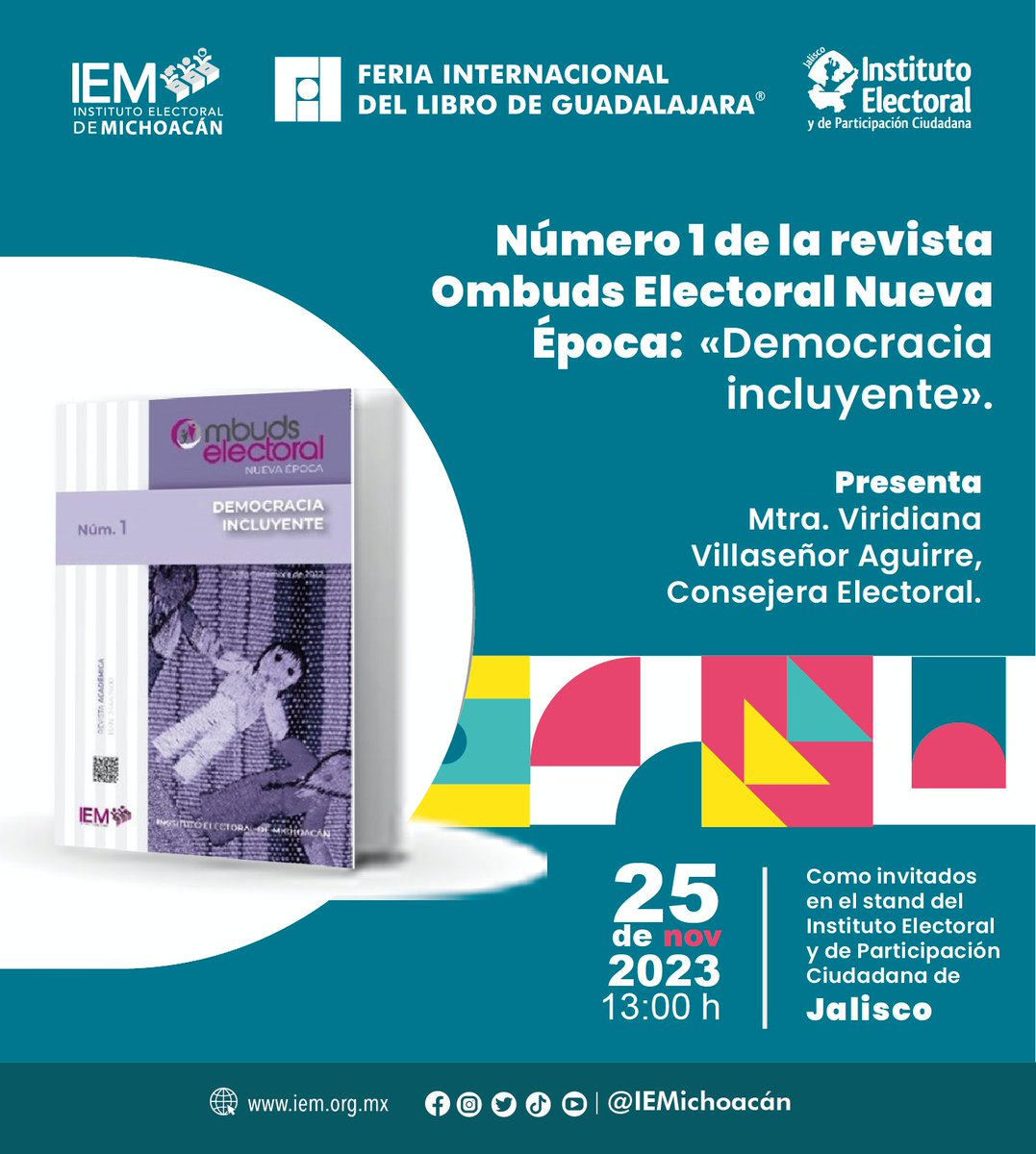 #FIL | ¡¡Nos vamos a la FIL! 📚

¡Te invitamos a ser parte de la Feria Internacional del Libro de Guadalajara!

📖Número 1 de la revista Ombuds Electoral Nueva Época: "Democracia Incluyente"

La cual será presentada por nuestra Consejera, <a href="/ViriVillasenor/">Viridiana Villaseñor Aguirre</a>