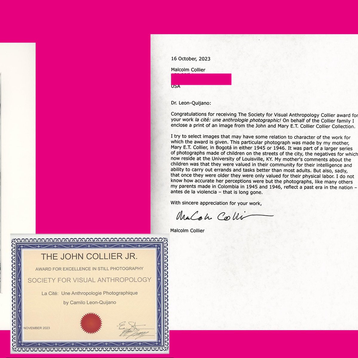 Camilo Leon Quijano (@camilo_lq) on Twitter photo ✨🔥 At the <a href="/AmericanAnthro/">American Anthropological Association</a> 2023, I was grateful to receive the John Collier Jr. Award from the Society for Visual Anthropology for my book La Cité, published by les Editions de <a href="/EHESS_fr/">EHESS</a> with the support of the <a href="/WennerGrenOrg/">Wenner-Gren Foundation</a>. Thanks to Malcolm Collier for the beautiful picture! ✨🔥 At the <a href="/AmericanAnthro/">American Anthropological Association</a> 2023, I was grateful to receive the John Collier Jr. Award from the Society for Visual Anthropology for my book La Cité, published by les Editions de <a href="/EHESS_fr/">EHESS</a> with the support of the <a href="/WennerGrenOrg/">Wenner-Gren Foundation</a>. Thanks to Malcolm Collier for the beautiful picture!