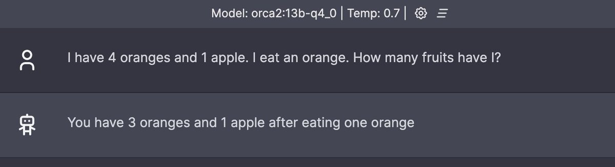 ivanfioravanti's tweet photo. mistral7b vs orca2 7b vs orca2 13b
Prompt:
I have 4 oranges and 1 apple. I eat an orange. How many fruits have I?
The winner is... orca2 13b!
It's really great in reasoning! Try by yourself.
#orca2 #mistralai #LLMs