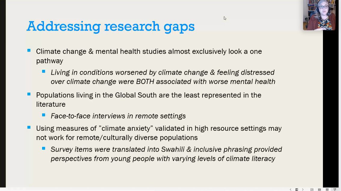 ISNTD_Press's tweet photo. The youth will be disproportionately affected by the changing #climate. @LeahPrencipe @UniLeidenNews presents at #ISNTDClimate an investigation on the many pathways in which climate events impact #mentalhealth in #Tanzania #youth, highlighting the many research gaps remaining. https://t.co/vFjjpnLfbc