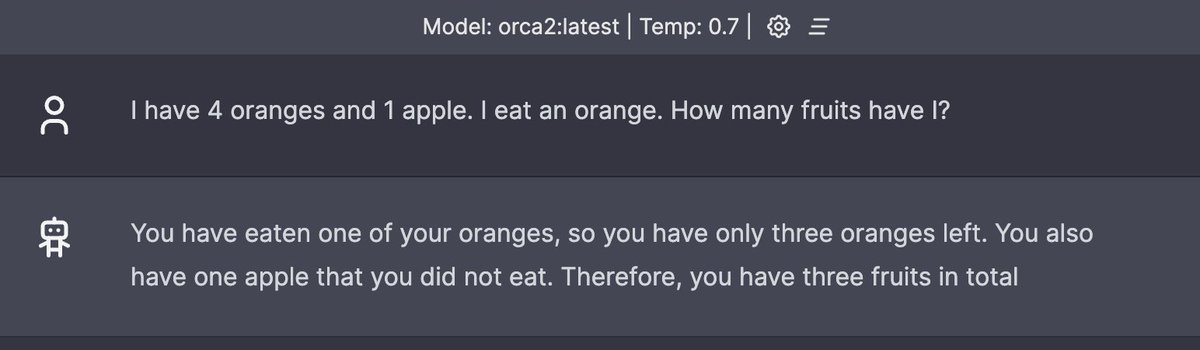 ivanfioravanti's tweet photo. mistral7b vs orca2 7b vs orca2 13b
Prompt:
I have 4 oranges and 1 apple. I eat an orange. How many fruits have I?
The winner is... orca2 13b!
It's really great in reasoning! Try by yourself.
#orca2 #mistralai #LLMs