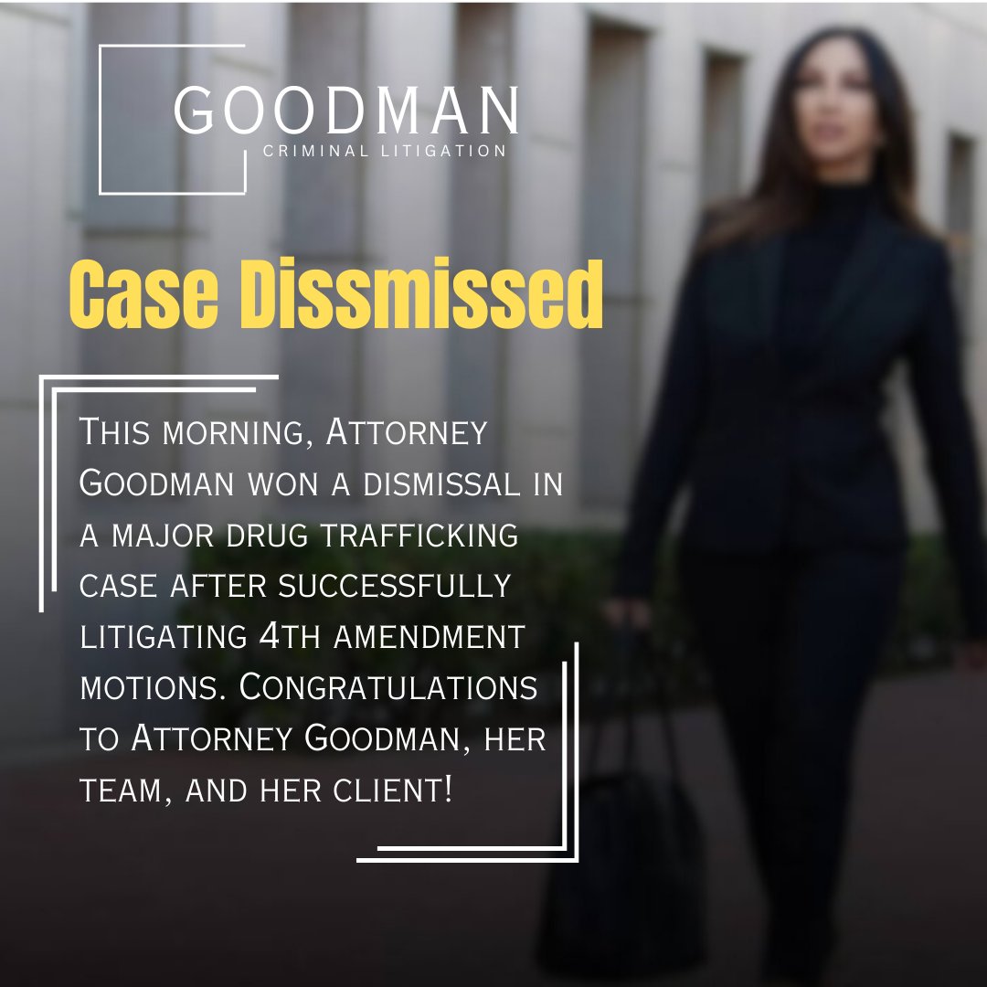 CASE DISMISSED!! 

Our client was faced with a major drug trafficking case, but after litigating 4th Amendment motions, the case was formally dismissed. Congratulations to our client!