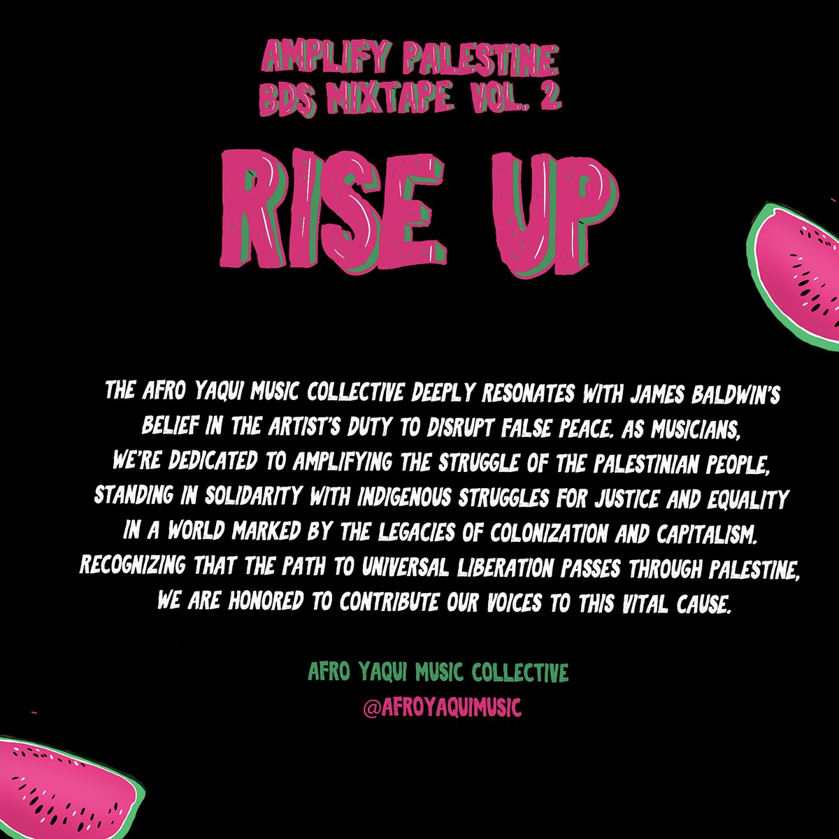 BDS Mixtape contributors <a href="/AfroYaquiMusic/">Afro Yaqui Music</a>:

"We're dedicated to amplifying the struggle of the Palestinian people, standing in solidarity with indigenous struggles for justice and equality in a world marked by the legacies of colonization and capitalism."

amplifypalestine.org