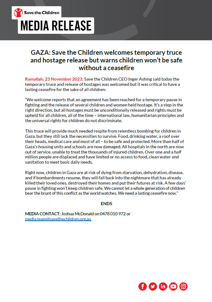 MEDIA RELEASE: "A few days’ pause in fighting in #Gaza won’t keep children safe. We cannot let a whole generation of children bear the brunt of this conflict as the world watches. We need a lasting ceasefire now,” said Inger Ashing, CEO <a href="/save_children/">Save the Children International</a>