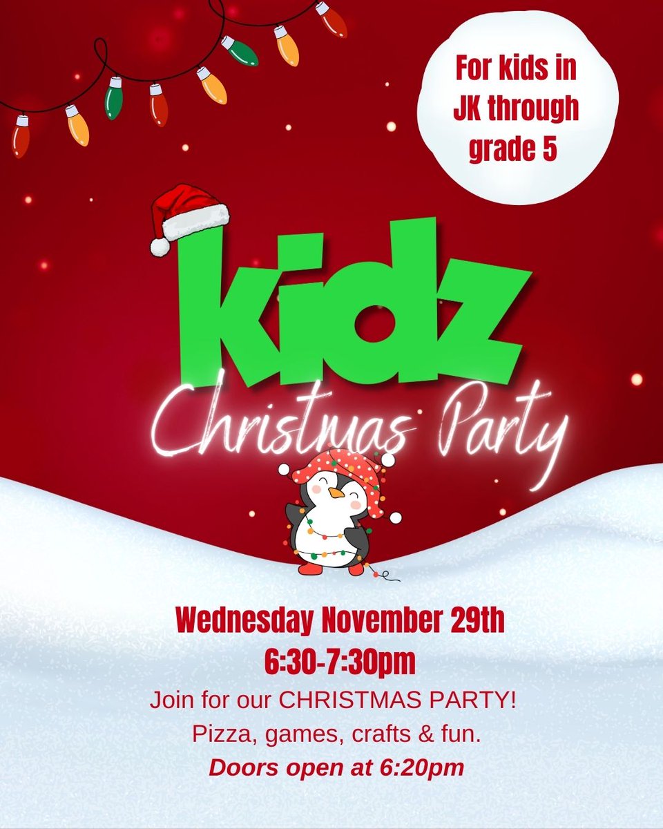 WorshipNiagara's tweet photo. Kidz it's time for a Christmas Party! Come out for Pizza, games, crafts &amp; fun! 
Doors open at 6:20pm https://t.co/zbDAJjLWF3