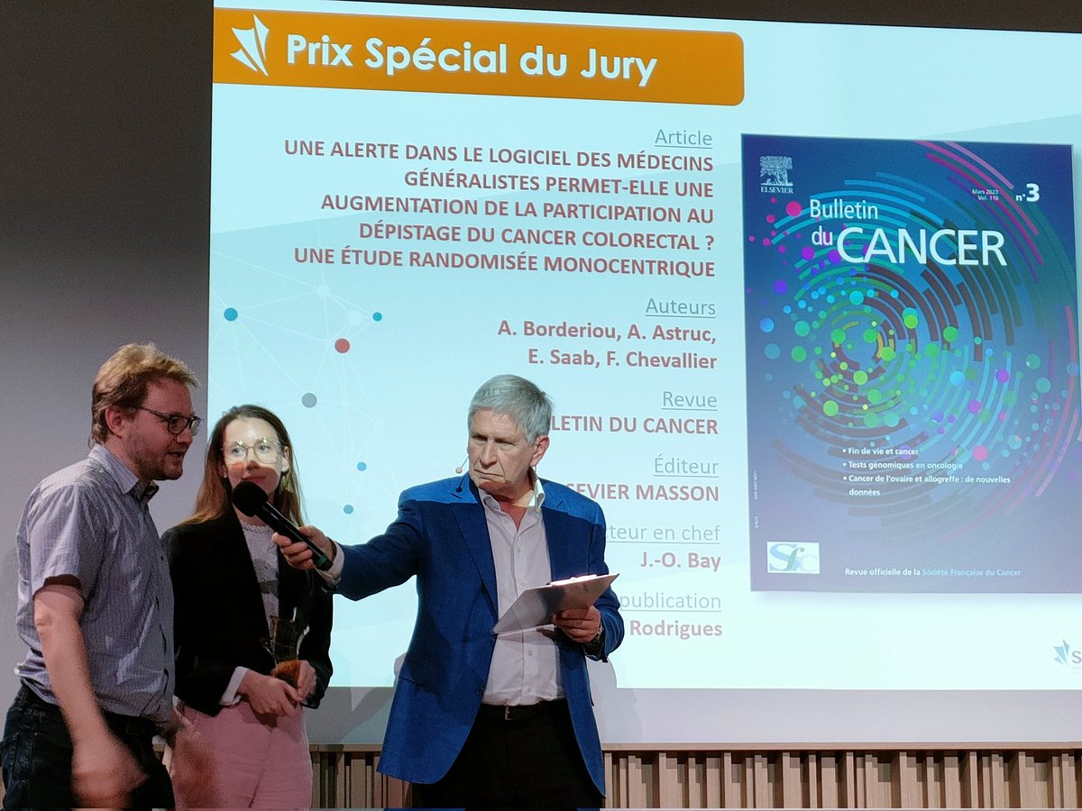 #SPEPS 2023 ! Le prix Spécial du Jury est dédié à un article publié dans le Bulletin du Cancer sur une étude randomisée monocentrique pour permettre d'augmenter le dépistage du cancer colorectal #bulletinducancer #Elsevier