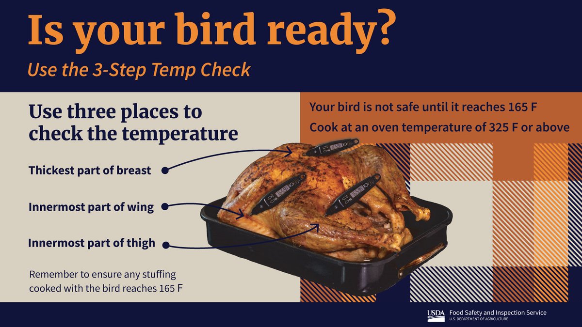 FoodSafety.gov on X: Don't just rely on a pop-up thermometer, always use a  food thermometer to verify that your turkey has reached a minimum safe  internal temperature of 165 F in three
