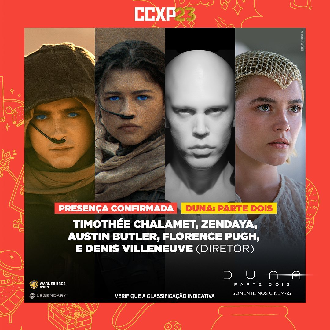 tracklist's tweet photo. 🚨 Zendaya e Timothée Chalamet são anunciados como atrações da #CCXP23.

Austin Butler, Florence Pugh e o diretor Denis Villeneuve também marcarão presença no painel de "Dune 2" no evento. https://t.co/TXSNzEMuQz