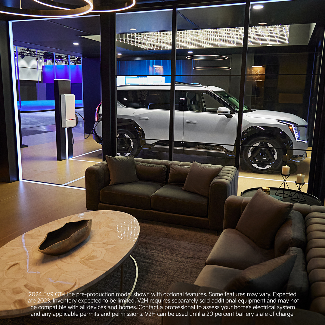 Kia's tweet photo. Power beyond the pedal. Catch a sneak peek of the #KiaEV9's V2H hookup for a preview of power at the #LAAutoShow. https://t.co/RKqVsrFKBi