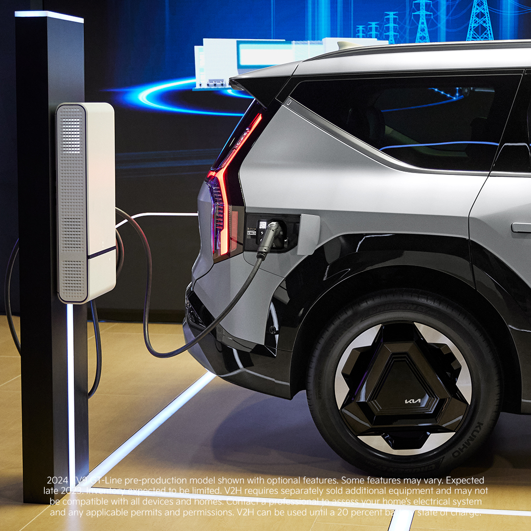 Kia's tweet photo. Power beyond the pedal. Catch a sneak peek of the #KiaEV9's V2H hookup for a preview of power at the #LAAutoShow. https://t.co/RKqVsrFKBi