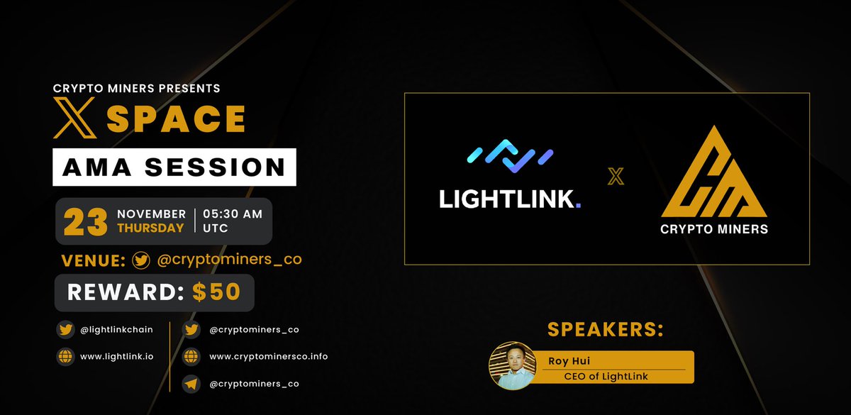 CryptoMiners_Co's tweet photo. 🎙️ Join us for the next 𝕏 Space #AMA with Light Link

🕰️ 23rd November at 5:30 AM UTC
💲 Rewards: $50
🏘 Set reminder: 
https://t.co/N5a8TrtJes

1⃣ Follow @Cryptominers_co &amp; @LightLinkChain
2⃣ Like &amp; RT
3⃣ Comment Questions https://t.co/zIqYg8I5bk
