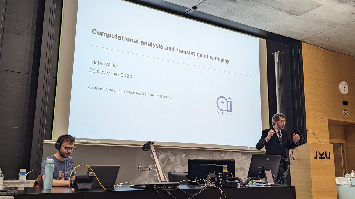 OFAI's <a href="/Logological/">Tristan Miller @logological@mastodon.social</a> made a research visit yesterday to the <a href="/jkulinz/">JKU - Johannes Kepler Universität Linz</a> Institute for Machine Learning. He delivered an invited talk, "Computational Analysis and Translation of #Wordplay" to first-year students in the Bachelor's in #ArtificialIntelligence programme.