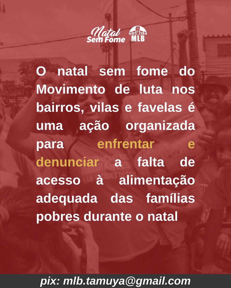 mlbnacional's tweet photo. NATAL SEM FOME DO MLB!

Contra a fome e a carestia, está dada a largada da campanha Natal Sem Fome do MLB! 🔥

Fortaleça essa campanha! ✊🏾

pix: mlb.tamuya@gmail.com

#NatalSemFomeMLB https://t.co/SFmJ7Fevit