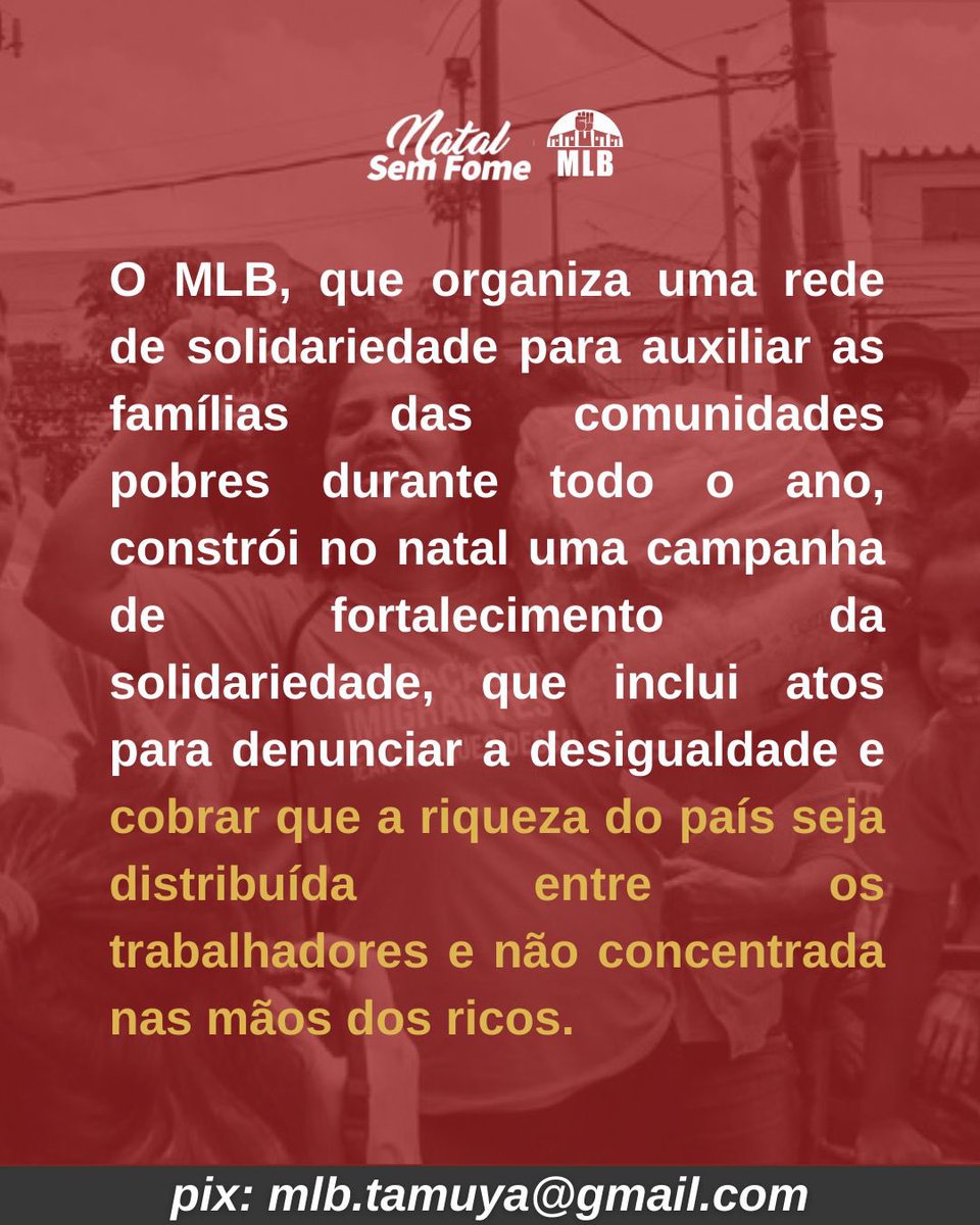 mlbnacional's tweet photo. NATAL SEM FOME DO MLB!

Contra a fome e a carestia, está dada a largada da campanha Natal Sem Fome do MLB! 🔥

Fortaleça essa campanha! ✊🏾

pix: mlb.tamuya@gmail.com

#NatalSemFomeMLB https://t.co/SFmJ7Fevit