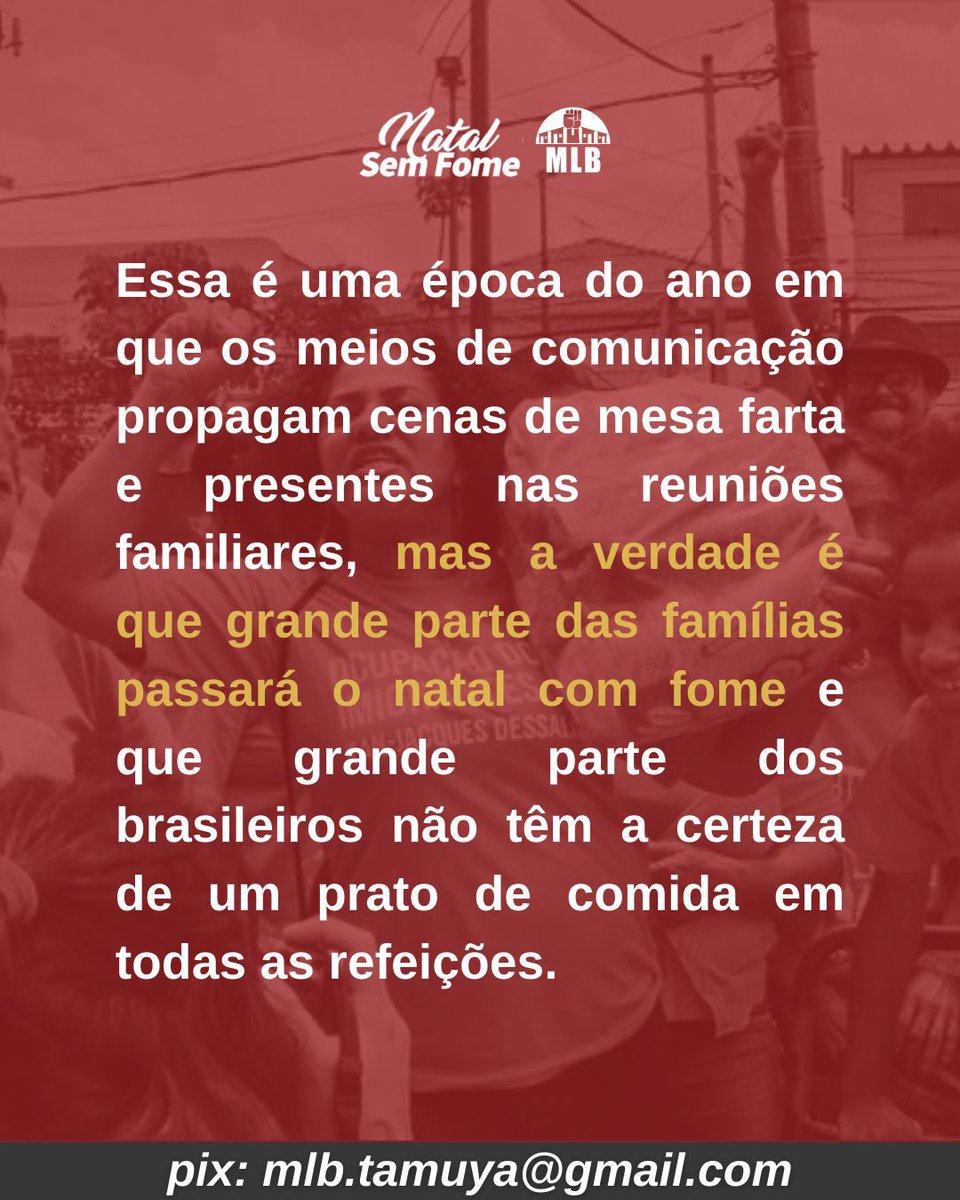 mlbnacional's tweet photo. NATAL SEM FOME DO MLB!

Contra a fome e a carestia, está dada a largada da campanha Natal Sem Fome do MLB! 🔥

Fortaleça essa campanha! ✊🏾

pix: mlb.tamuya@gmail.com

#NatalSemFomeMLB https://t.co/SFmJ7Fevit