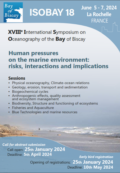 AngelBorjaYerro's tweet photo. The 18th International Symposium on Oceanography of the Bay of Biscay will take place in La Rochelle (France), from 5 to 7 June 2024

More info in January

#ISOBAY18 https://t.co/9ZBzei8Zu9