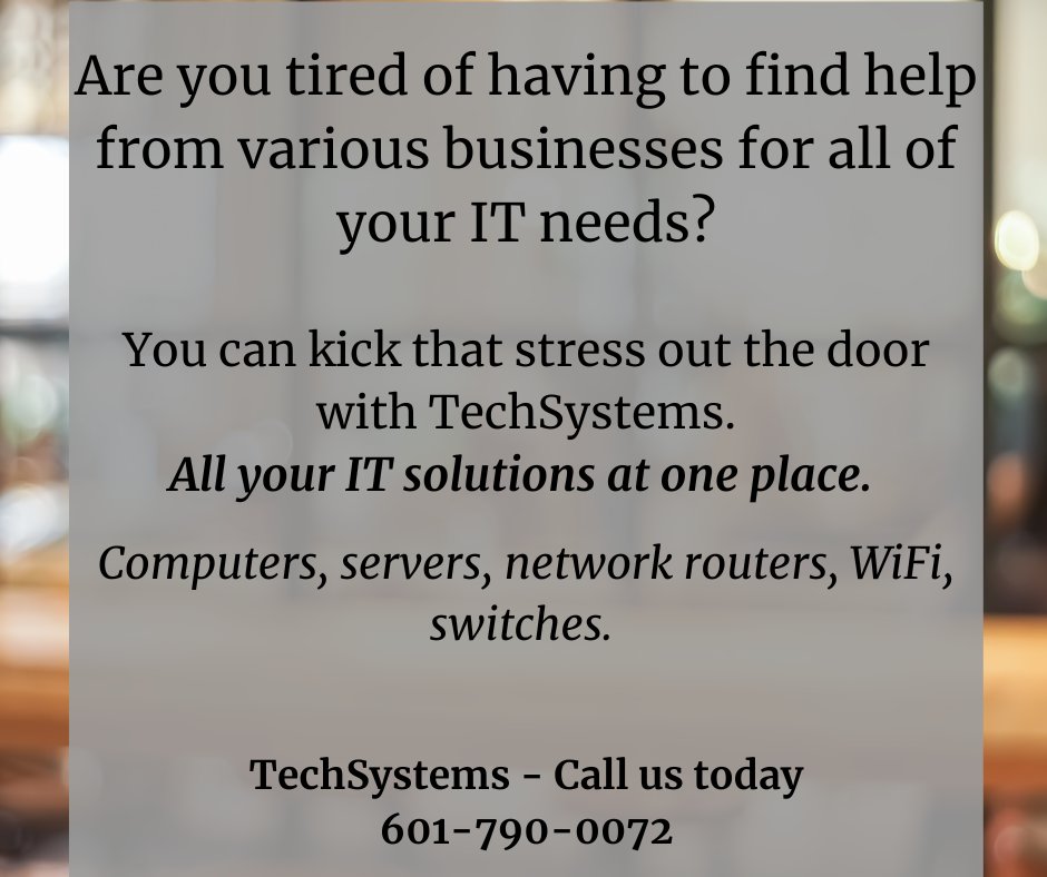 TechsystemsUSA's tweet image. Whatever your IT need is, we&apos;ve got you covered. Call us today!

TechSystems USA
601-790-0072
techsystems.us
info@techsystems.us
#Competancy #techsystemsusa #technology #creativesolutions #informationtechnology #findoutmore #professionalservices #businessservices