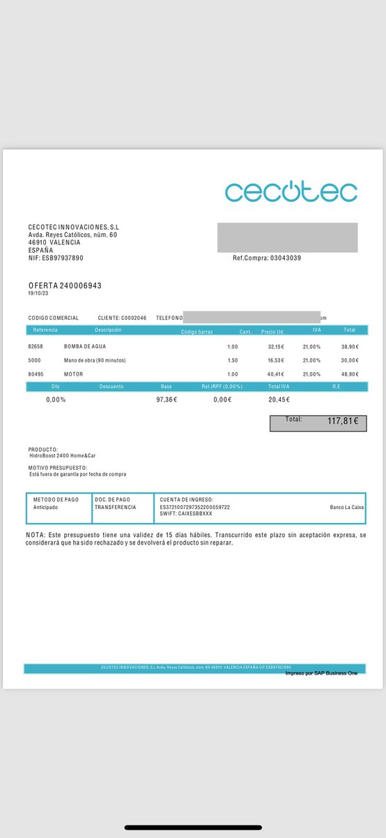 gelesangy's tweet image. Cecotec, cuidado con servicio técnico pasan presupuestos sin revisar nada hidroboost fuera de garantía había que cambiar bomba agua y motor, pongo manguera de karcher y no se sale ni gota 
 #cecotec #BlackFriday2023 #serviciotecnico