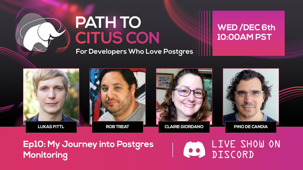 TechieAri's tweet image. 🎧Happening Wed 6 Dec @ 10am PST: next episode of #PathToCitusCon podcast for developers who love
@PostgreSQL ❤️
Topic = My Journey into Postgres Monitoring Guests = @LukasFittl & @robtreat2
Tell your friends & join the live show on Discord aka.ms/PathToCitusCon…