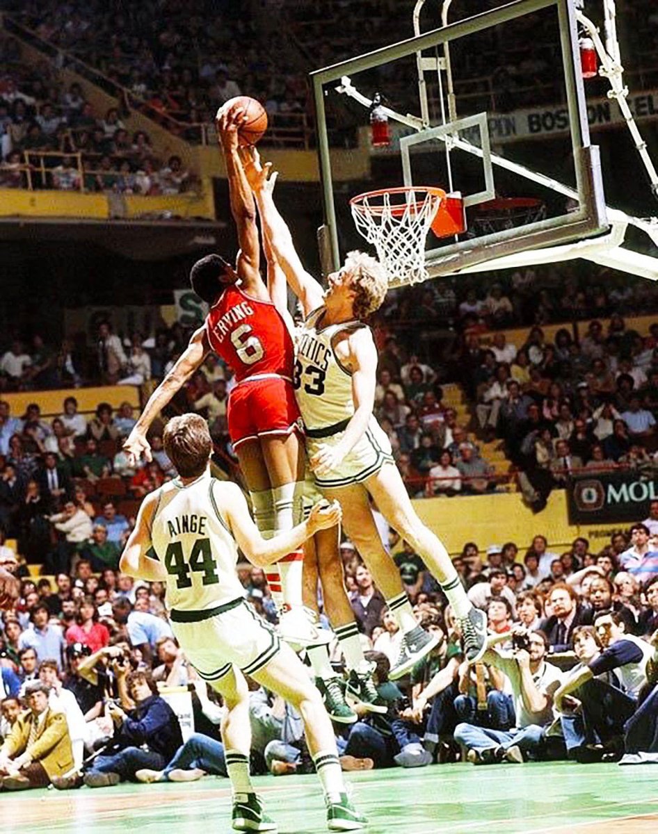 Larry “Plumber” Bird casually getting up with the one of the greatest leapers in league history 

Remember kids, just because you didn’t SEE someone play doesn’t excuse you of being ignorant 

24/10/6 career averages 
50/40/90 club 2x 
Sneaky athleticism 

Bird would be even