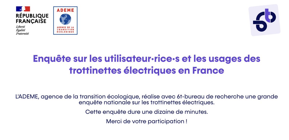 FAISONS ENTENDRE NOTRE VOIX ! 
Du 22 novembre au 22 décembre, <a href="/ademe/">ADEME</a>  et le cabinet 6T réalisent une étude auprès des usagers du freefloating et des propriétaires de #trottinettes électriques : bit.ly/3SOfold

Répondons et partageons en masse cette enquête ! <a href="/ANUMMEFR/">ANUMME</a>