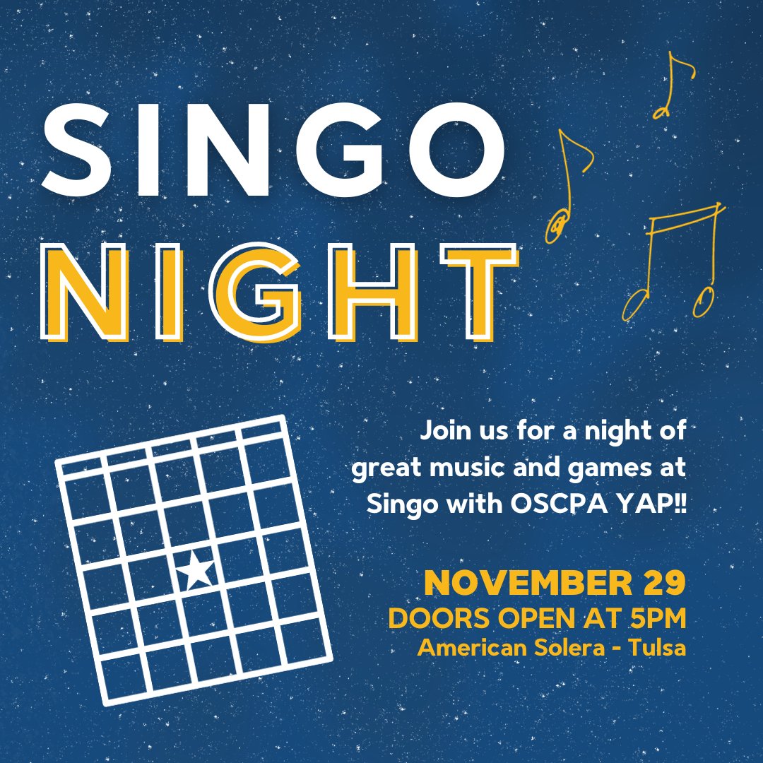 OklahomaCPAs's tweet image. Brush up on your musical knowledge for Singo hosted by the OSCPA Young Accounting Professionals Committee! Join us on November 29 to see if you have what it takes to win the ultimate musical bingo experience. Register to save your spot today! hubs.ly/Q029GS810