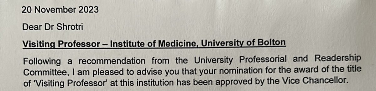 A lot happened over the last few days. I was appointed co-Vice Chair for the Centre for Race Equality in Medicine to work with the Royal Colleges. Yesterday, I received my letter of appointment as Visiting Professor from @UoB_Medicine @BoltonUni Look forward to my new roles.