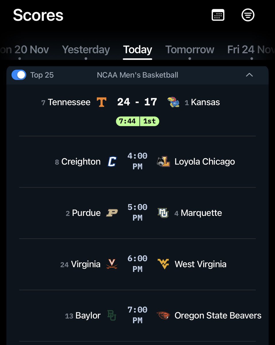 brennanjp's tweet photo. We just shipped a small update to @ACMomento Scores thanks to feedback from a bunch of CBB/CFB fans: a Top 25 filter so you don’t have to sift through dozens of games to find the ranked matchups.

Now live in the App Store. 🏀🏈 https://t.co/6DJkXhMdyD
