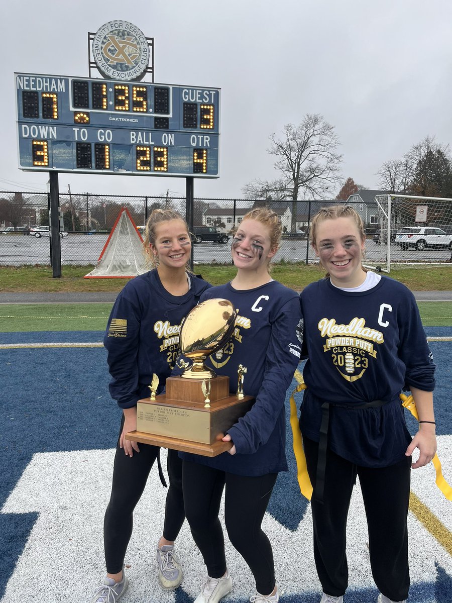 NHS_GirlsLax's tweet photo. These three NHSGVLAX captains were chosen to be Powder Puff captains and came out with a 7-3 win over rivals Wellesley! Lily scored the only touchdown and Ellie and Alek both played incredible defense! Go Girls!! https://t.co/kvCffxp3uk