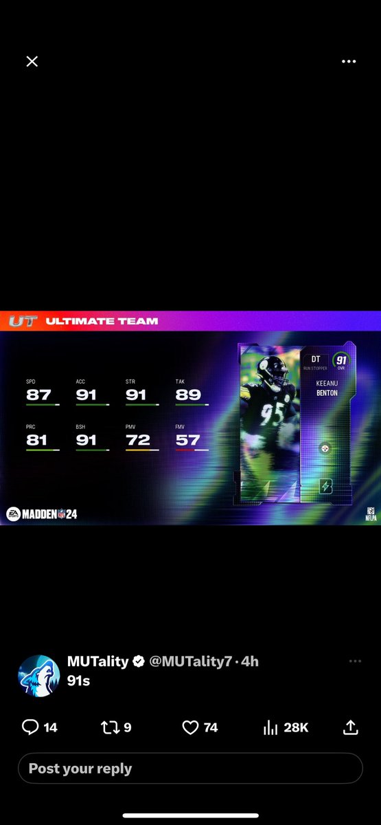 DerrickSnow's tweet photo. This card needs to be redone or give him 1 more block shedding I hate playing with my Steelers TT just to get bad cards @EASPORTS_MUT @MaddenNFLDirect @GmiasWorld @UseCodePOP @GmiasWorld @Gutfoxx https://t.co/MjiqNz1Pwt