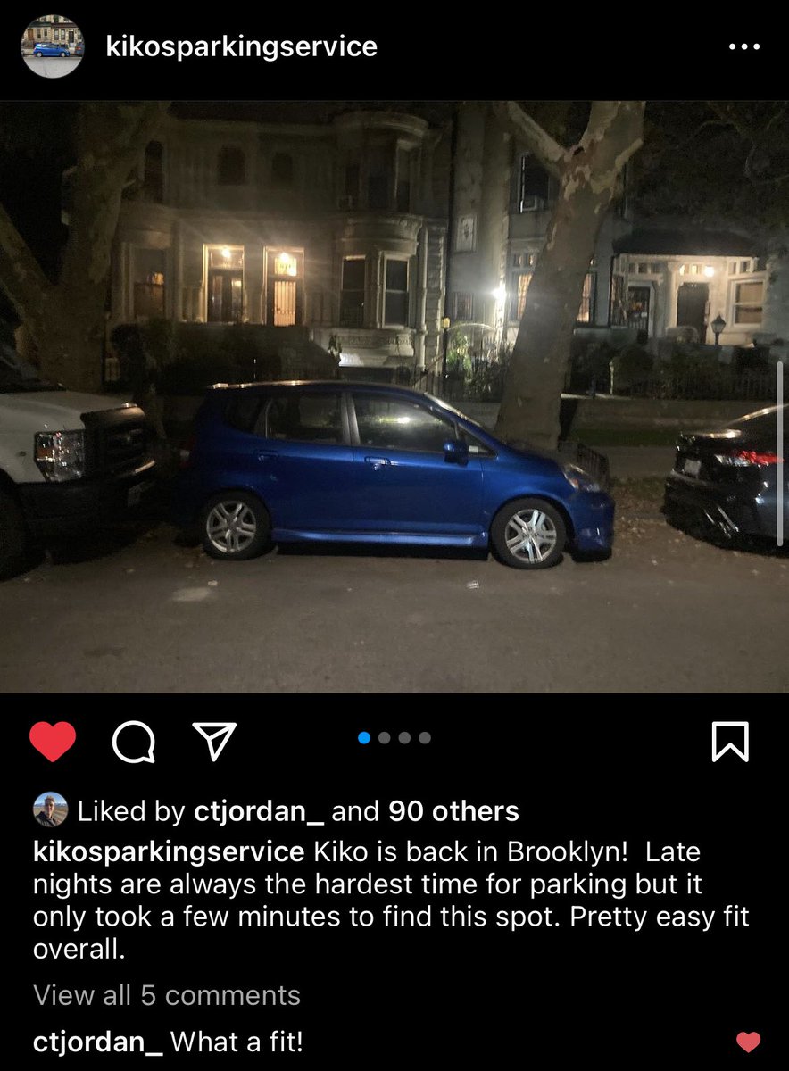 FranziaMom's tweet photo. my friend runs an instagram account called “kikos parking service” where he only takes pictures of his own car after finding a parking spot, and then comments on the picture from his personal account https://t.co/QUkgUwgGq8