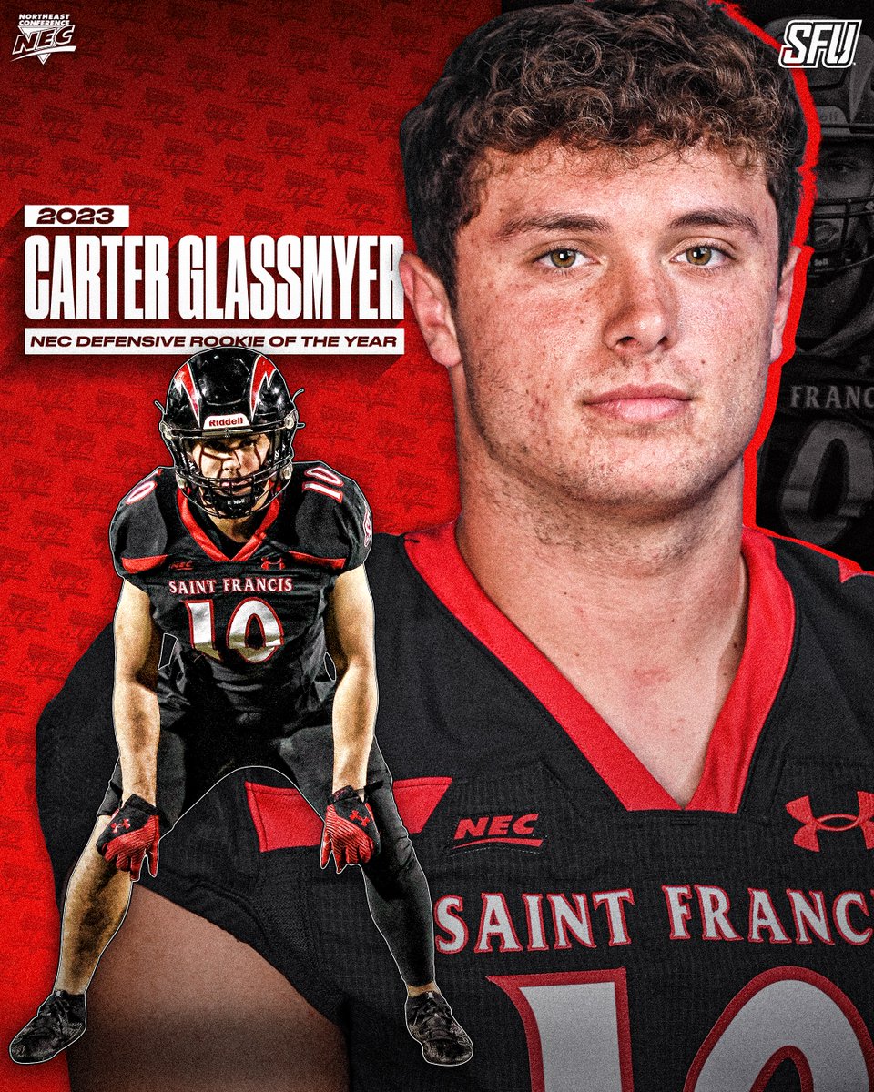 2️⃣0️⃣2️⃣3️⃣ @NECFootball Defensive Rookie of the Year ⤵️ ✨ Carter Glassmyer, @SFUathletics 📓 Making multiple tackles in all 🔟 games, the playmaking linebacker delivered 9.0 hits per contest to lead all FCS rookies & rank 27th overall in the FCS. #NECelite📜 x #NECFB x #DROTY