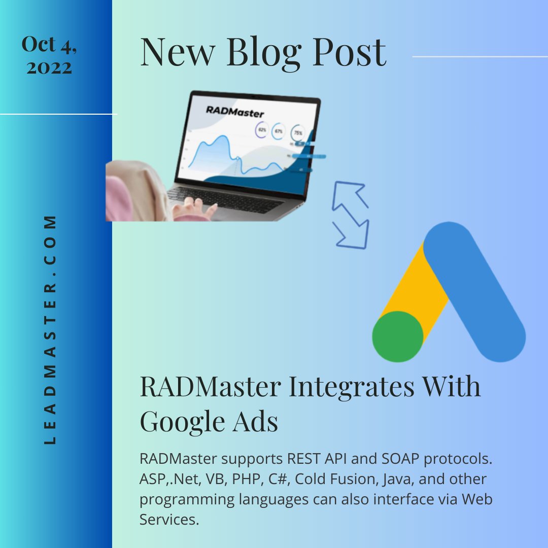 Are you eager to connect RADMaster's database to Google Ads? Read the full blog to revolutionize your integration game: leadmaster.com/radmaster-inte…  

#Integration #RADMaster #GoogleAds #NoCode #APIDevelopment #Zapier #BusinessAutomation #SeamlessIntegration #NoCodingRequired