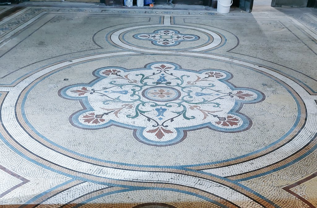 #MorecambeWinterGardens #Mosaic We seem to be getting somewhere. The Rieveley Ceramics team have been working diligently on restoring the wonderful mosaic floors in the entrance foyer. Still a way to go, but the end is in sight.