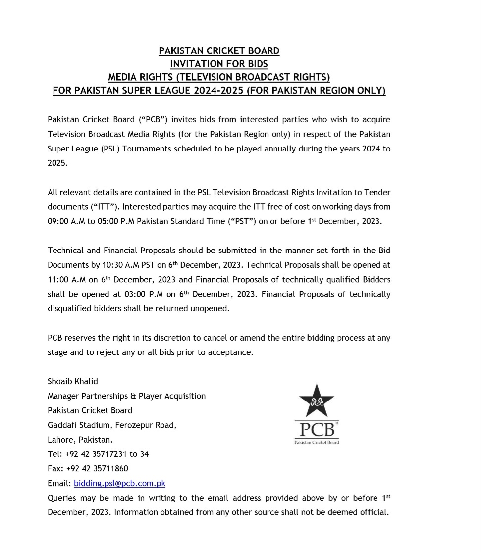 The Zaka Ashraf PCB regime has advertised a tender for two years of PSL TV broadcasting rights.
They are also talking to “chosen” stakeholders for three years of PCB bilateral series media rights. 
They are also going to release the tender for production services rights in the