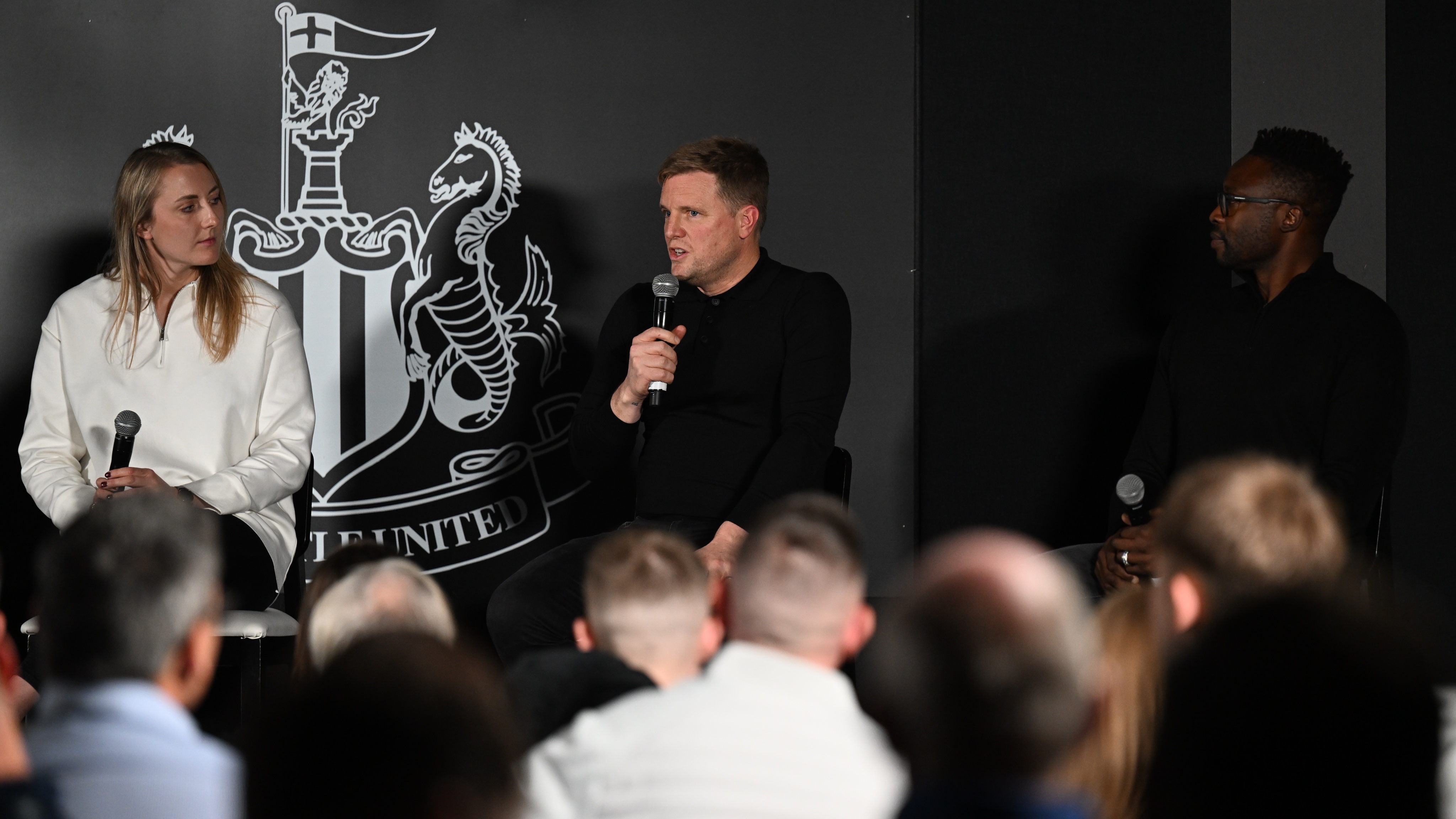 Eddie Howe, Becky Langley and Shola Ameobi on the panel at the club's We Are United Supporter Event. 