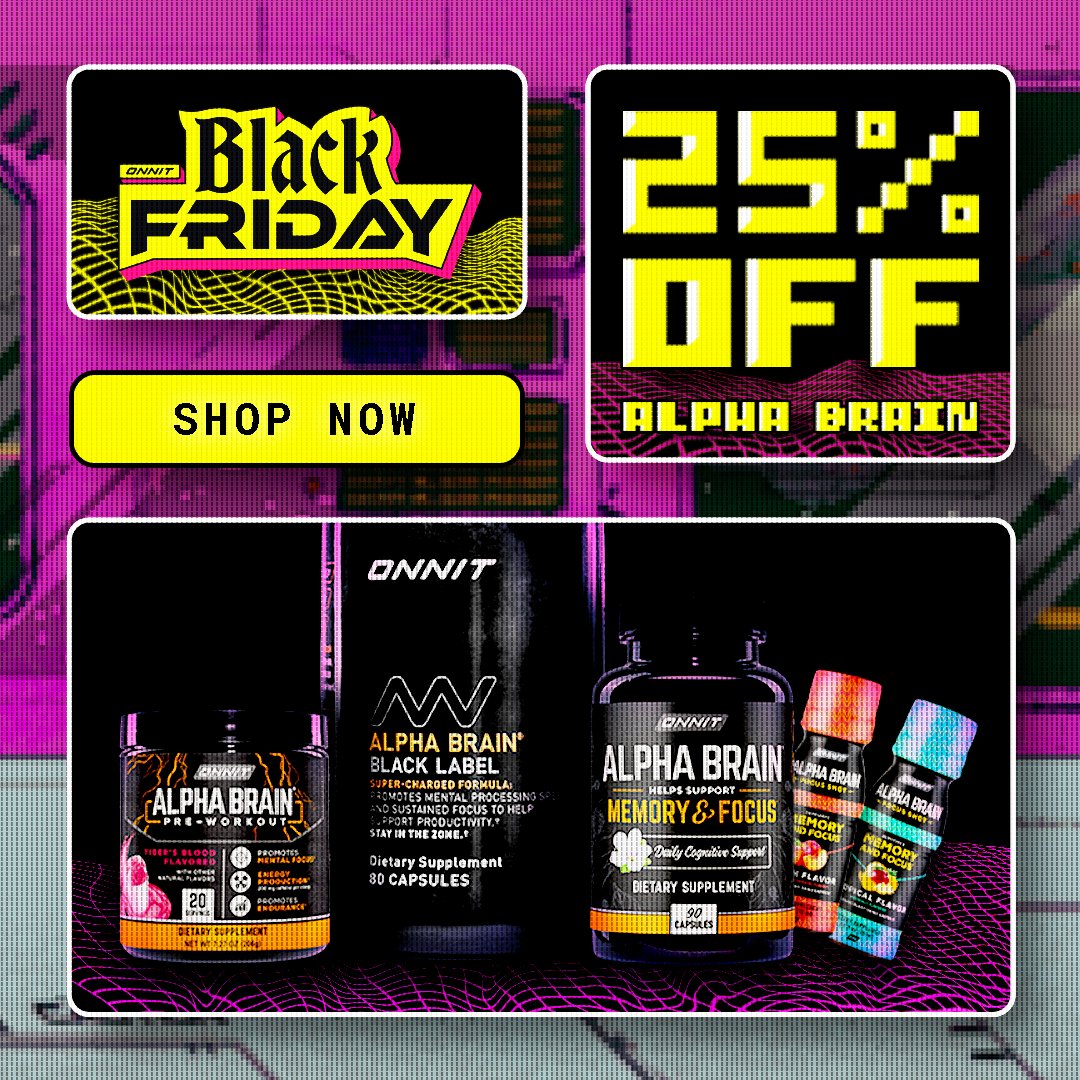 Onnit on X: Black Friday: 25% off the Alpha BRAIN Family 🧠 For three  weeks only, we'll be slashing prices on ALL our inventory. 💊 25% OFF  SUPPLEMENTS 🏋️‍♀️ 10% OFF FITNESS