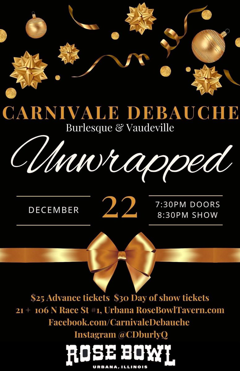 Magic Miss Elle (@magicmisselle) on Twitter photo Next Show! Next Show! Next Show!
December 22nd at the <a href="/BowlTavern/">RoseBowlTavern</a> 🌹🍿🍻
You all finally get to see a Carnivàle Debauche take on the holidays!
Lucky You! 💋🎁✨
Stay Tuned for the Ticket Link 🎟 Next Show! Next Show! Next Show!
December 22nd at the <a href="/BowlTavern/">RoseBowlTavern</a> 🌹🍿🍻
You all finally get to see a Carnivàle Debauche take on the holidays!
Lucky You! 💋🎁✨
Stay Tuned for the Ticket Link 🎟