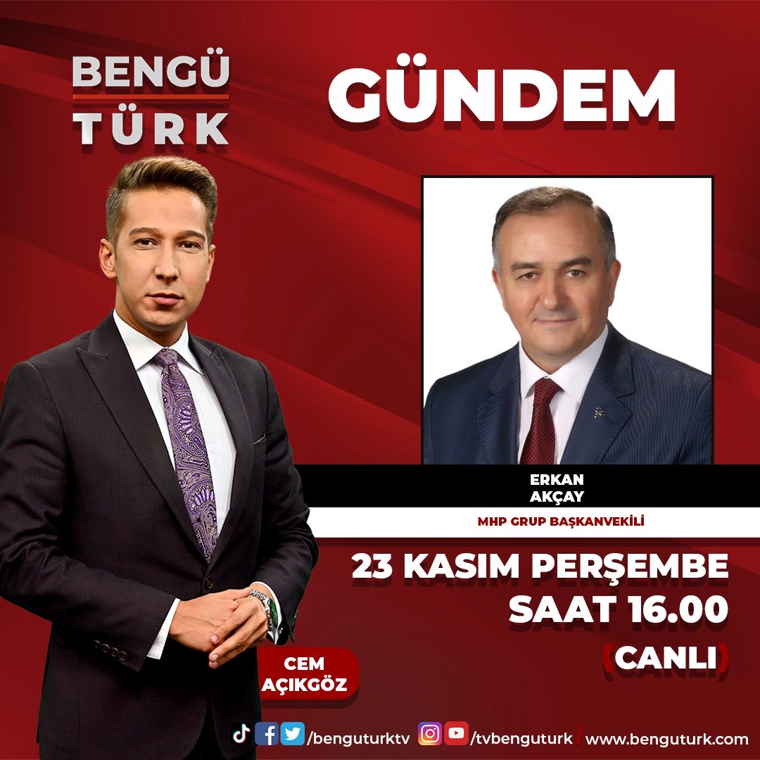 YARIN
⏰ 16:00 (CANLI) 
MHP Grup Başkanvekili ⁦<a href="/erkanakcay45/">Erkan Akçay</a>⁩ konuğumuz olacaktır. 

Soru ve görüşlerinizi yazabilirsiniz. 
⁦<a href="/benguturktv/">Bengü Türk</a>⁩
