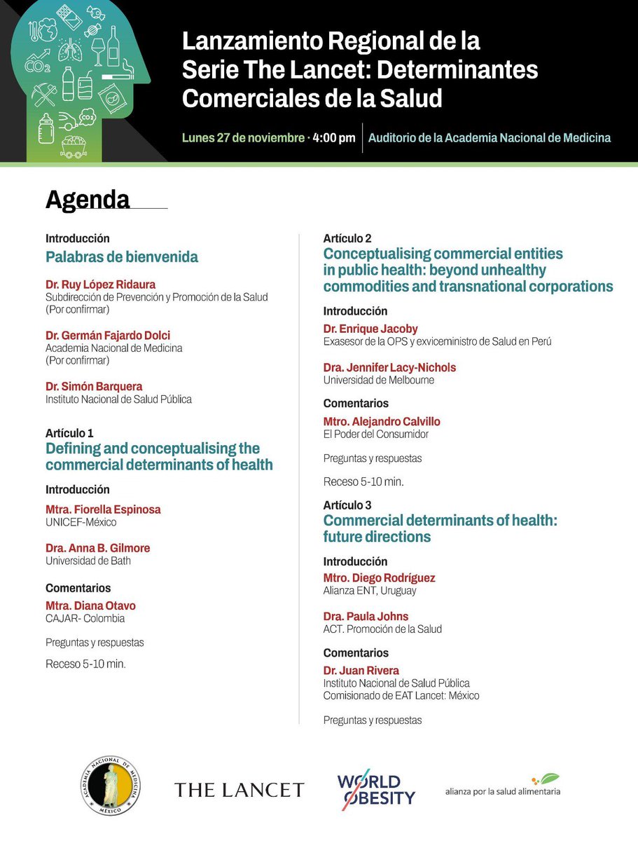 SBarquera's tweet photo. La @ANacionalMed no puede cerrar el año más fuerte que con esta presentación de la serie @TheLancet sobre determinantes comerciales de la salud #CDOH.
Con participación de la @actuaporlasalud @elpoderdelc @inspmx  y @WorldObesity 

Un evento del más alto nivel.

@germanfajardo https://t.co/lQVSE8anKl
