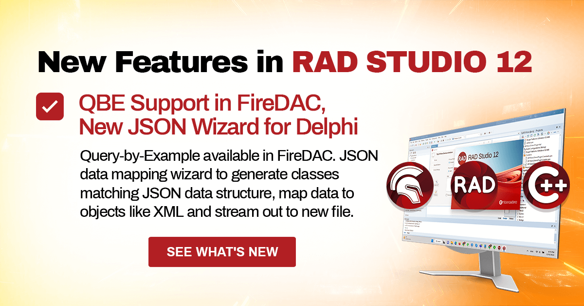 EmbarcaderoTech's tweet photo. NEW in RAD Studio 12: Query-by-Example available in #FireDAC. JSON data mapping wizard to generate classes matching #JSON data structure, map data to objects like XML, and stream out to new files. 

Learn more:  https://t.co/df7msSxz4i

#Delphi #developers #tools https://t.co/aM7BKP00sW