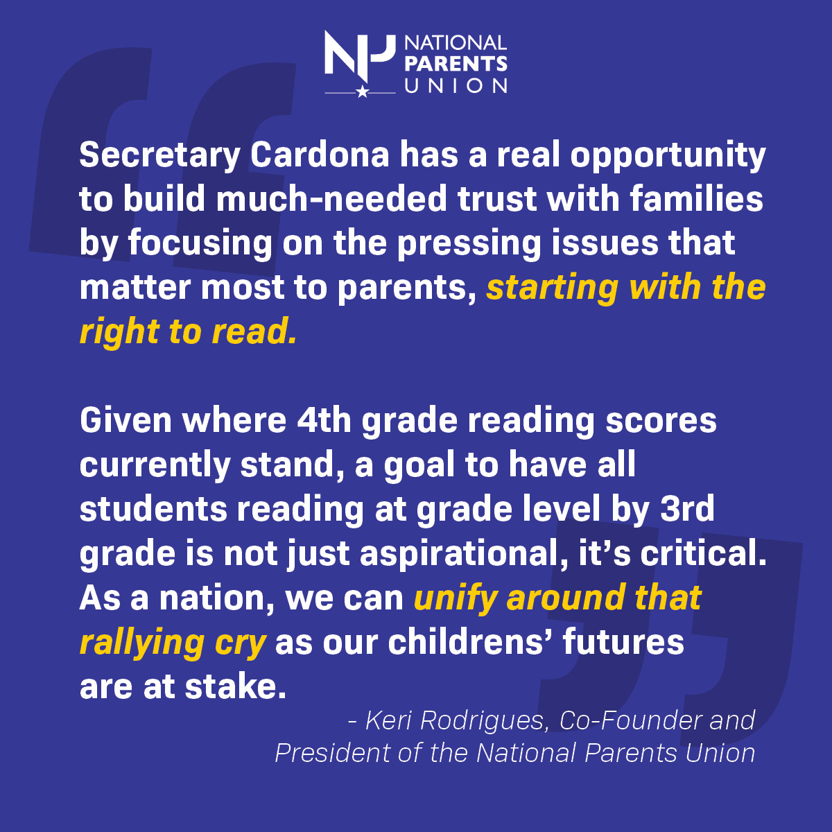 NationalParents's tweet photo. The RIGHT TO READ is critical, says @radiokeri. Now is the time to set a national goal for all public school students to be able to read.  #ParentVoice2024 #ParentPoll #ParentsSetTHEAGENDA https://t.co/SgDVkFOewG