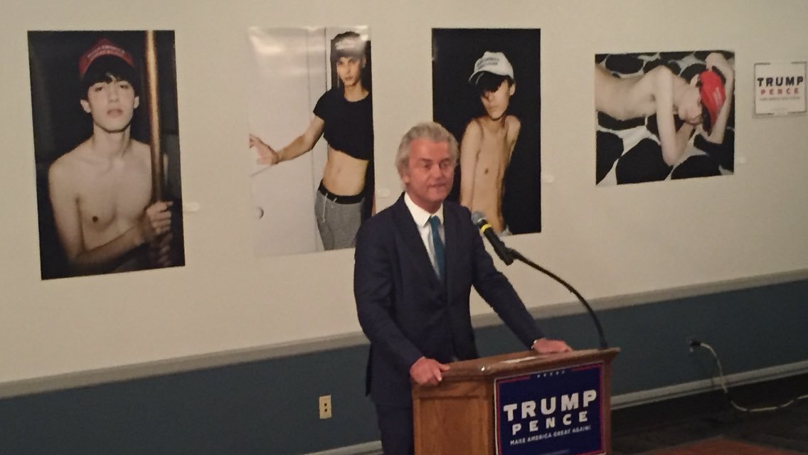 Geert Wilders, leader of the largest Dutch party, speaking at a "Twink for Trump" party