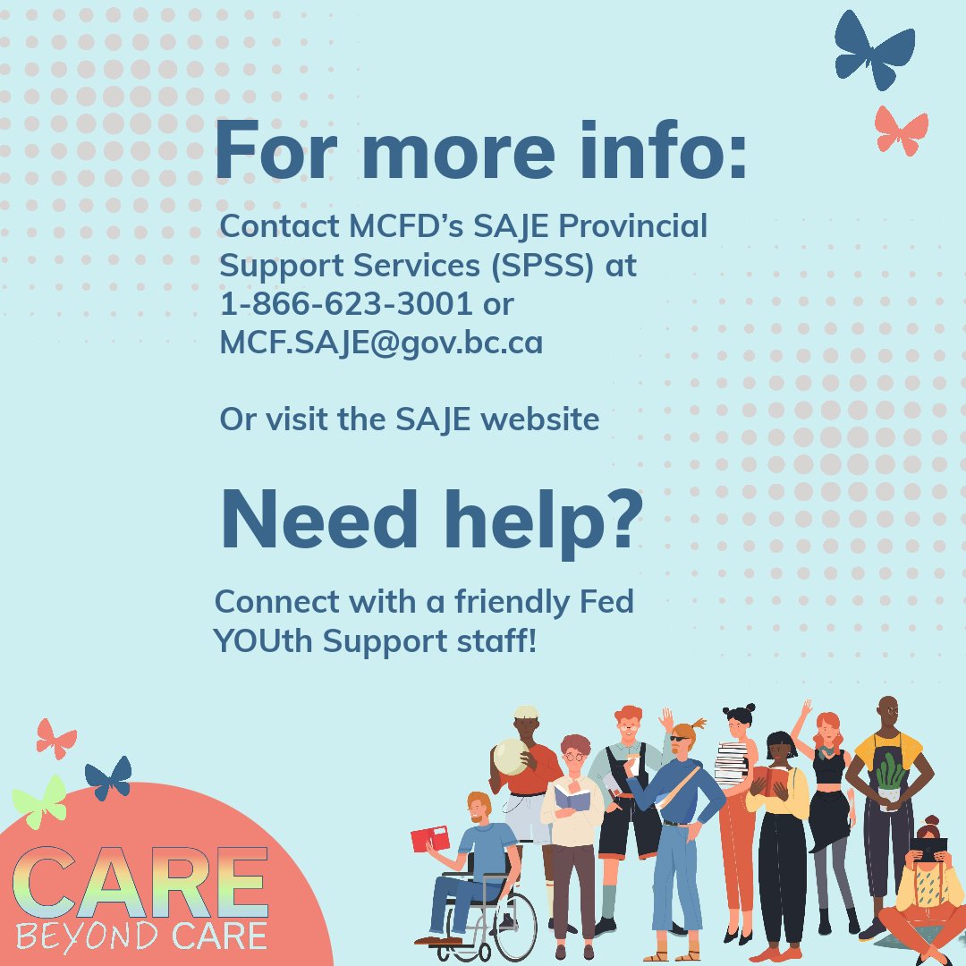 NEW supports for youth from care launch this week as part of MCFD’s SAJE program! Funding for life-skills programs, activity fees, cultural connections, mental health, and counselling! Let’s make sure all youth from care aged 19-27 know! #CareBeyondCare #YouthSupport #YouthInCare