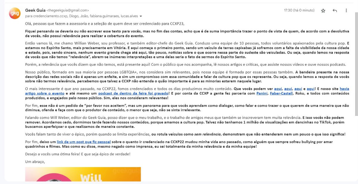 willrweber's tweet photo. Ninguém gosta de ser chamado de irrelevante @CCXPoficial então, mesmo que não respondam meu e-mail, deixo claro que não fico quieto quando dizem que meu trabalho não tem relevância! @forlani acho que seu evento precisa melhorar o jeito de falar com produtores de conteúdo! https://t.co/372UmnEOaT