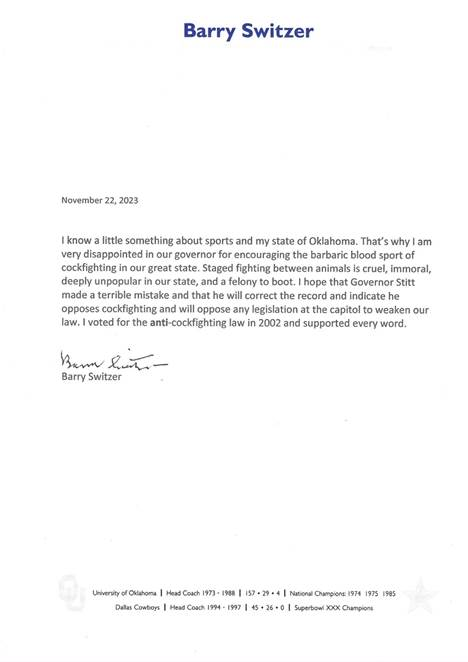 tcblume's tweet photo. Former Sooner &amp; Dallas Cowboy's coach speaks out about Governor Stitt's enthusiastic video address in support of the OK Gamefowl Commission. (now banned on YouTube) Switzer says he hopes Gov. Stitt made a terrible mistake &amp; will correct the record. @kfor https://t.co/GzFt1jsSu0