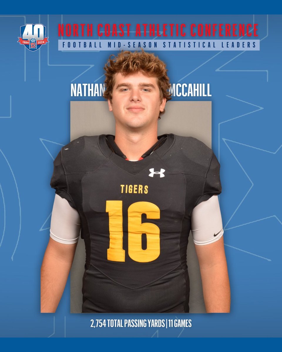 Cheers to the 2023 @NCAC Football Statistical Leaders: - Dean Tate of @wittathletics: 86.9 Receiving Yards/Game - Nathan McCahill of @depauwtigers: 2,754 Passing Yards - Trey Fabrocini of @denisonsports: 140.2 Rushing Yards/Game #NCACPride | #NCACFamily | #ncacfb 🧵