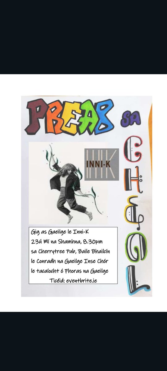 A cháirde, Rómhánaigh, tuathánaigh 🗣 Tá sé beagnach orainn: #PreabSaCheol #3 Gig as Gaeilge le @innikmusic An Déardaoin, 23ú Samhain - 'sé sin amárach! Ticéid ar eventbrite.ie Bígí linn sa @cherrytree_bar chun tús Gaelach a chur leis an deireadh seachtaine #Gaeilge