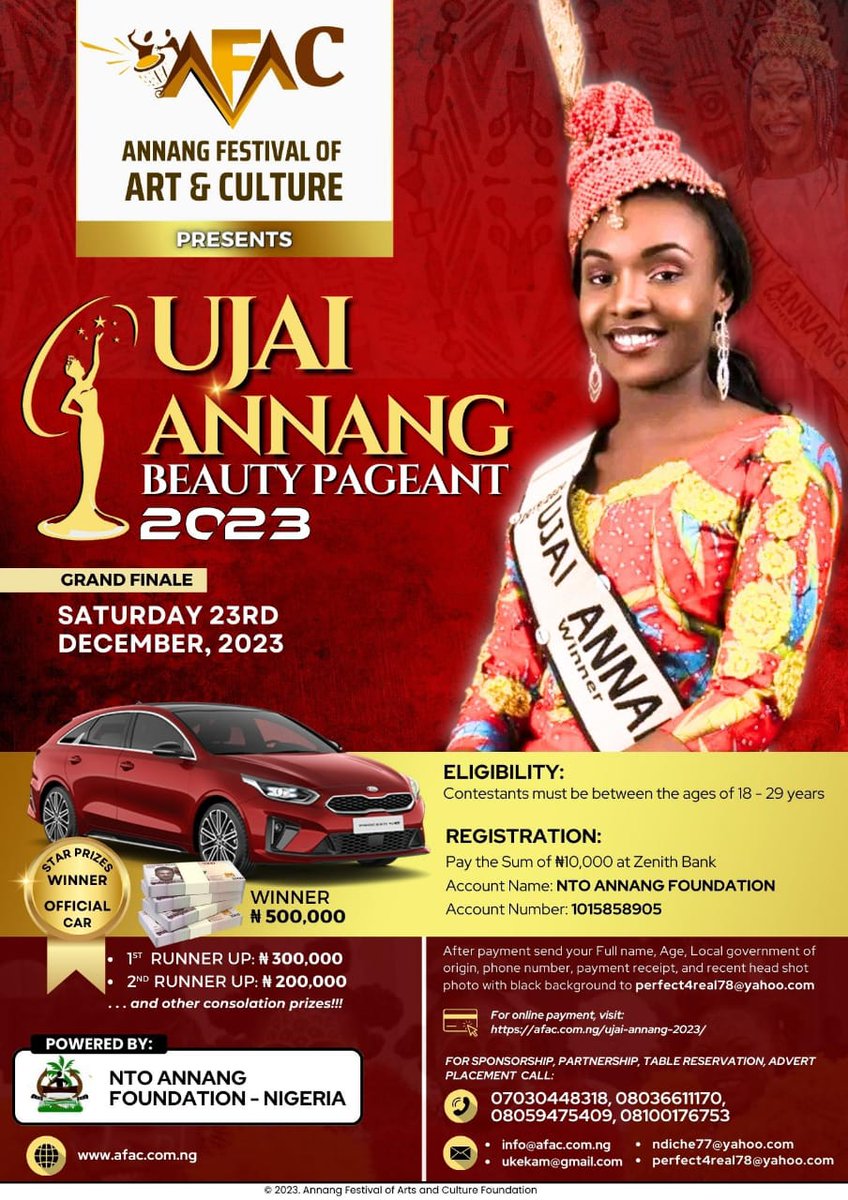 Annang Festival of Art and Culture is here again....
It would be happening in the Ancient City of Ikot Ekpene

 Date : 18th- 23rd December,2023
See Flyer for more details
AnnangFest
#AFAC2023